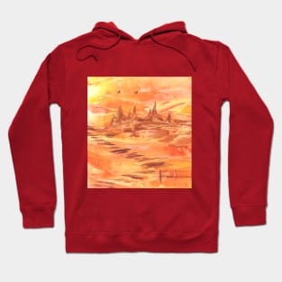 Mountains, mountain landscape, nature, environment, art. Hand drawn color illustration, painting, encaustic, wax. Hoodie